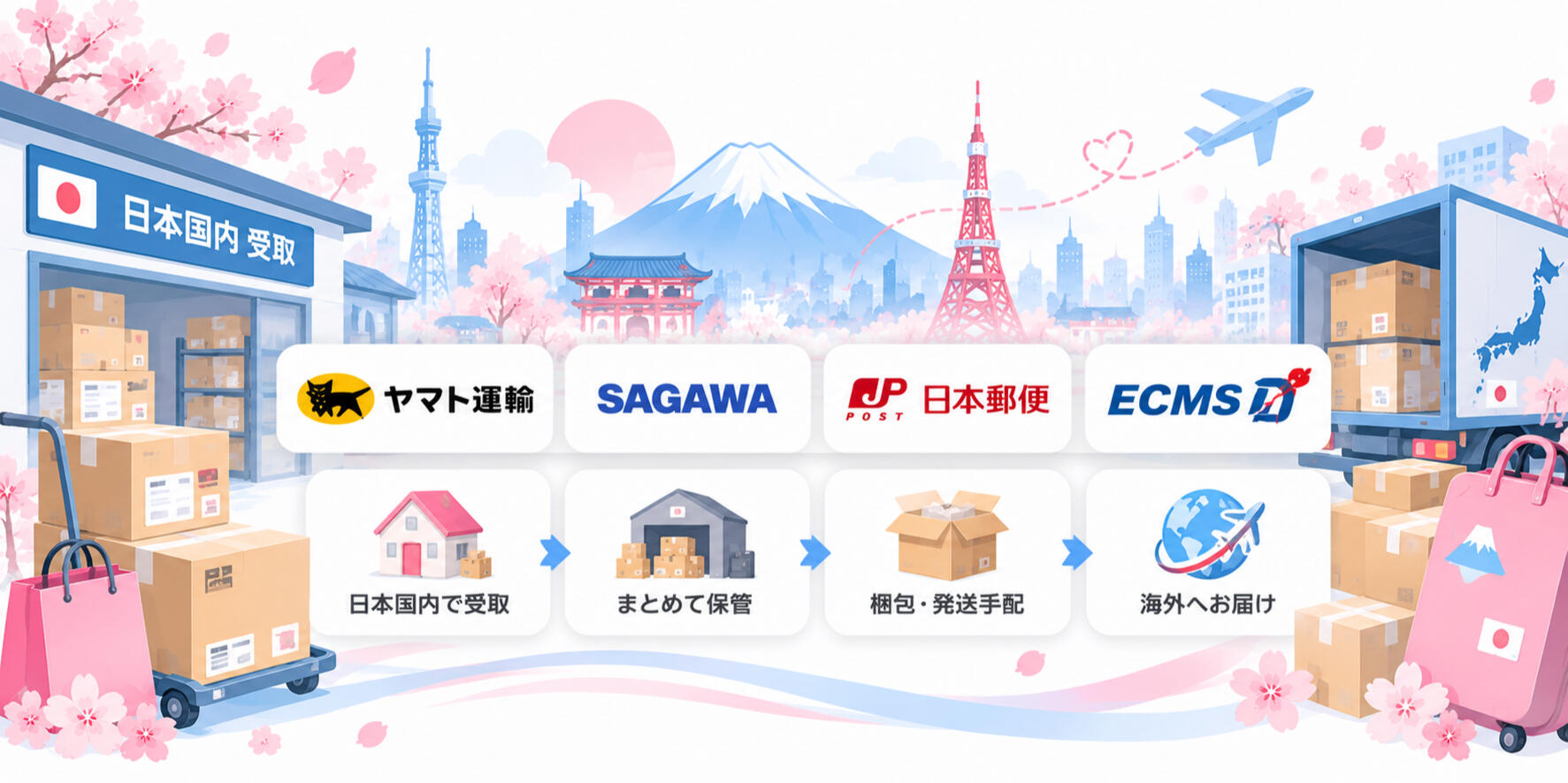 日本代收與轉運服務，可協助代收日本境內包裹、集中保管並合併寄送，再依需求安排寄送至台灣、香港及其他海外地區。